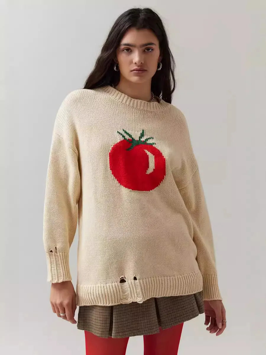 Women's loose-fitting milky white acrylic Jacquard pullover sweater with a round neck and long sleeves.