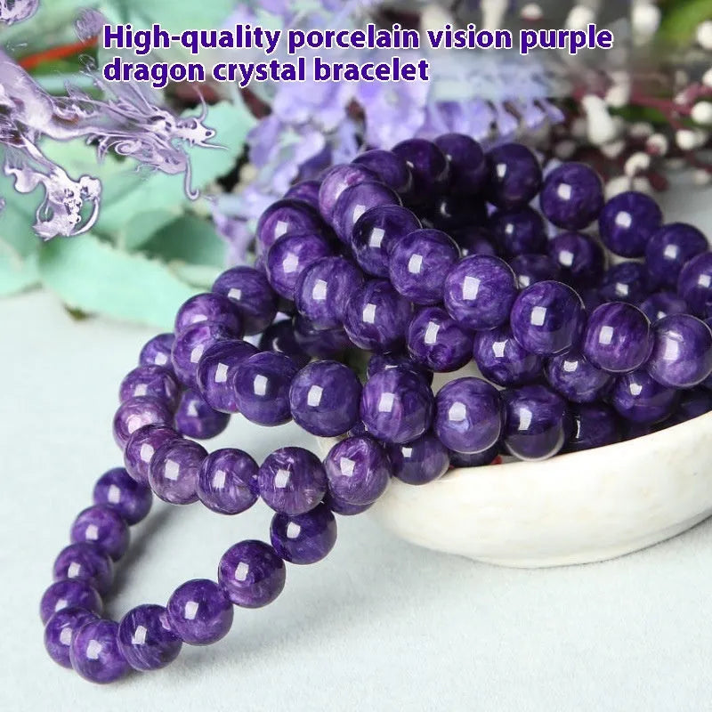 Natural transparent charoite crystal bracelet with platinum setting, showing bead size options.