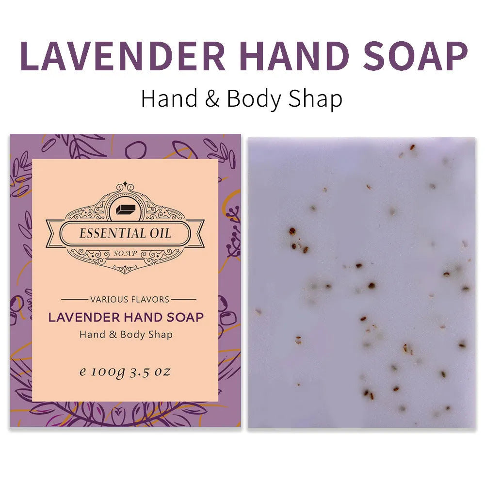 A frosted handmade essential oil soap bar in one of five scents: coconut, green tea, lavender, rose, or Four Boxes.