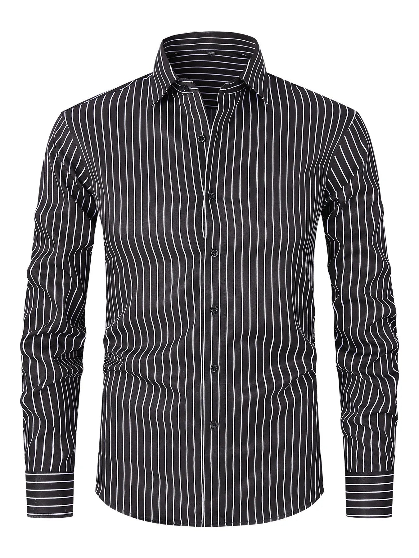 Men's slim fit striped long sleeve business shirt in polyester blend fabric on a hanger