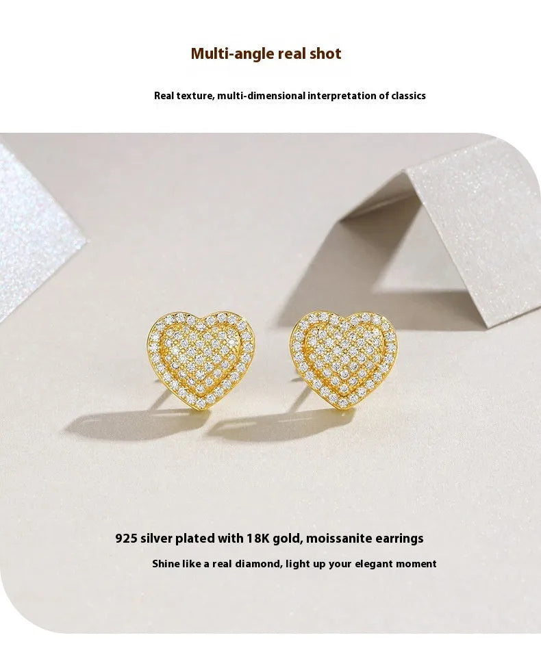 Golden S925 silver heart-shaped stud earrings with moissanite stones