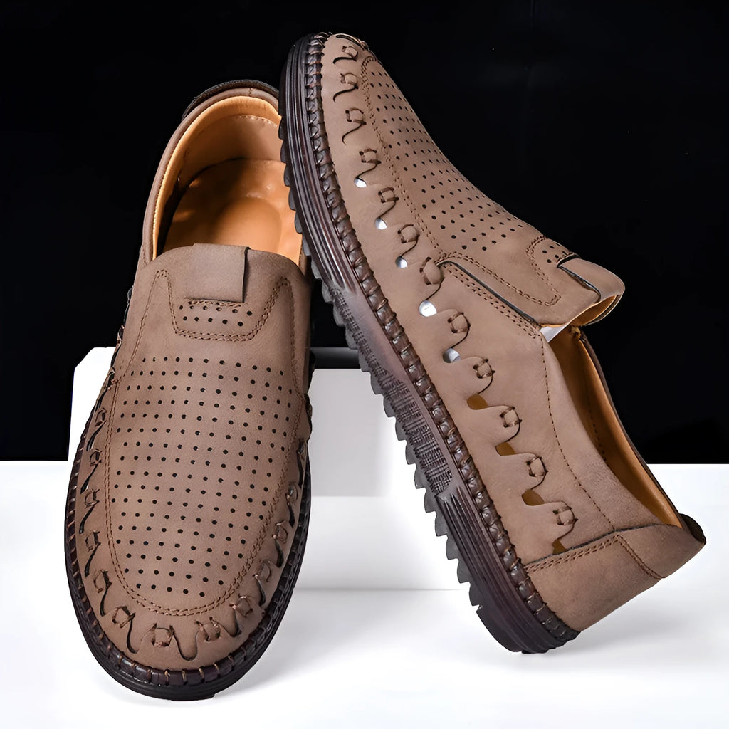 Men's brown slip-on leather casual shoes with round toe and flat PVC sole