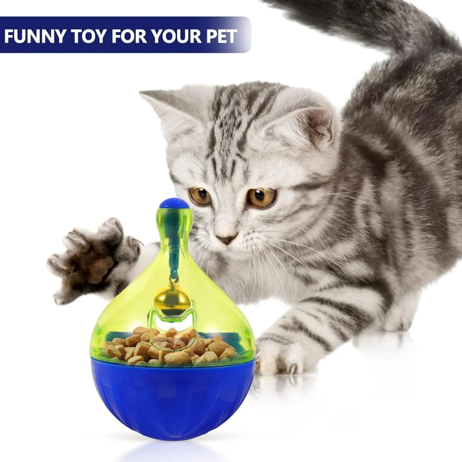 Tumbler-shaped pet treat dispenser ball for dogs and cats with dimensions 14x10x10cm
