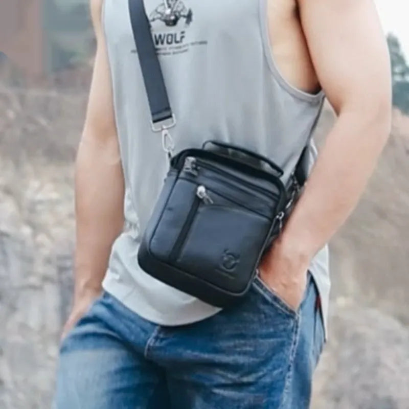 Black genuine leather mens shoulder messenger bag with European retro styling