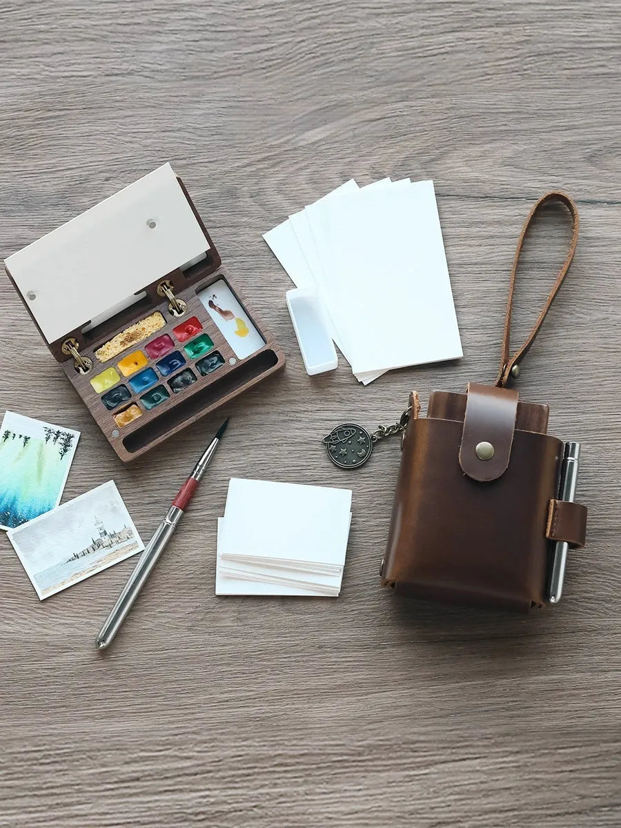 Mini walnut wooden watercolour paint box with professional pigment selection options