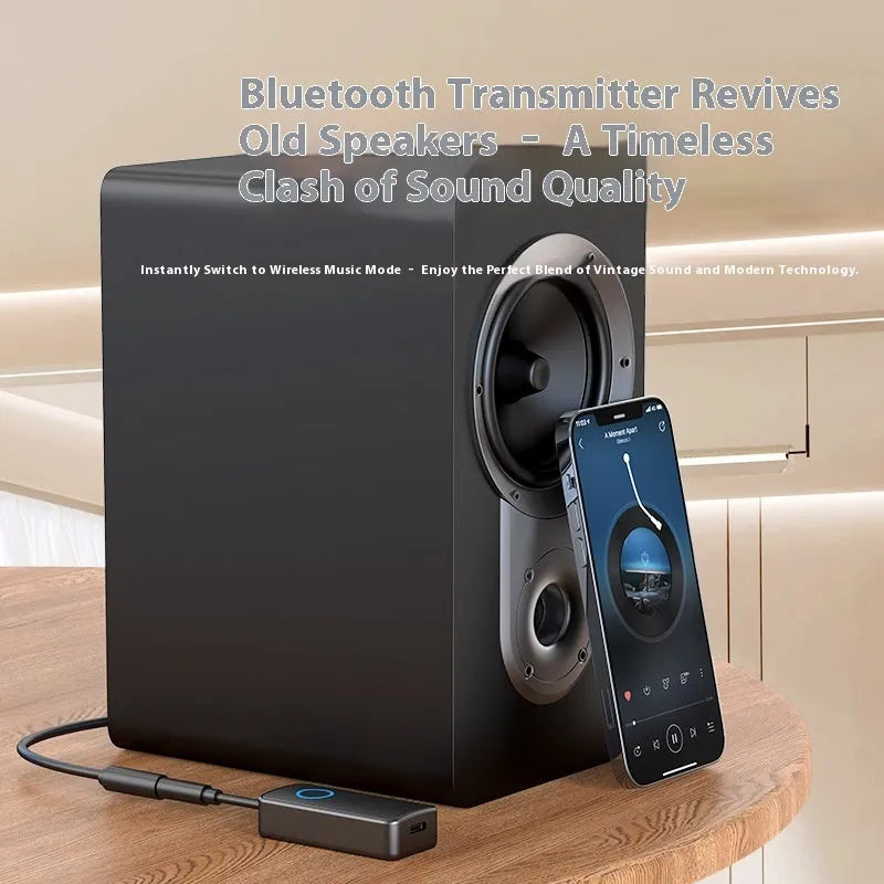Black Bluetooth 5.4 audio adapter with a 3.5mm plug for transmitting and receiving wireless sound.