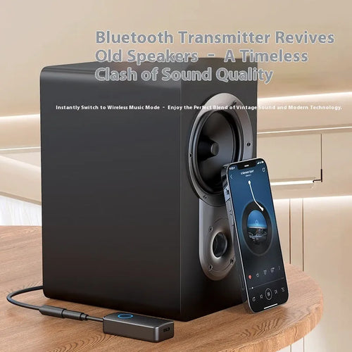 Black Bluetooth 5.4 audio adapter with a 3.5mm plug for transmitting and receiving wireless sound.