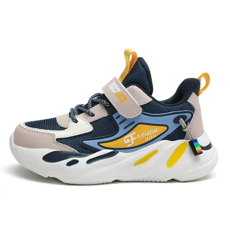 Boys' platform sports running shoes in dark blue with Velcro strap and mesh upper.