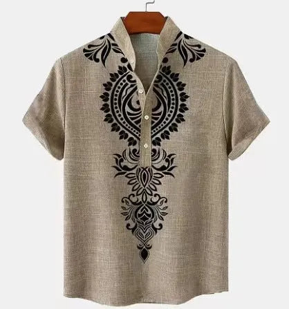 Men's striped loose-fit casual shirt on a hanger, showing button front and sleeve detail.