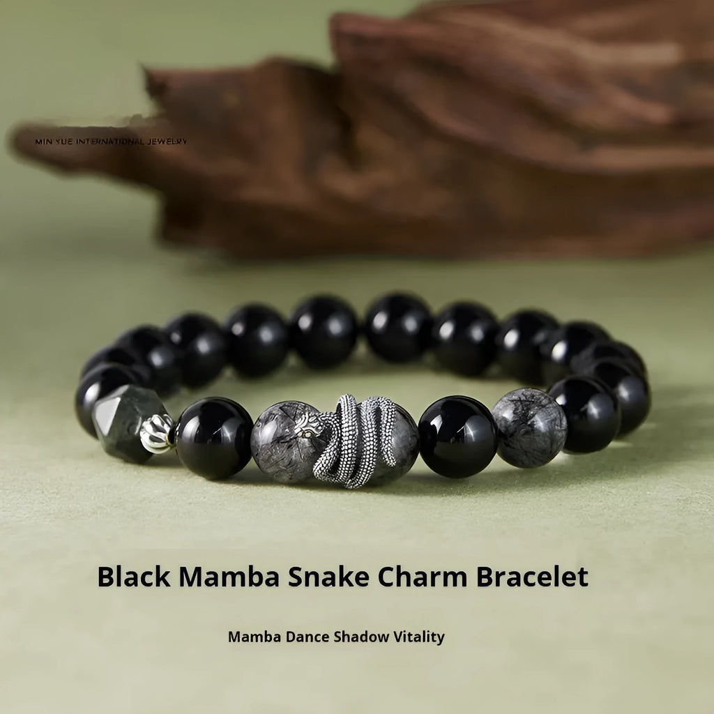 S925 sterling silver obsidian snake bracelet with 10mm retro zodiac design for men