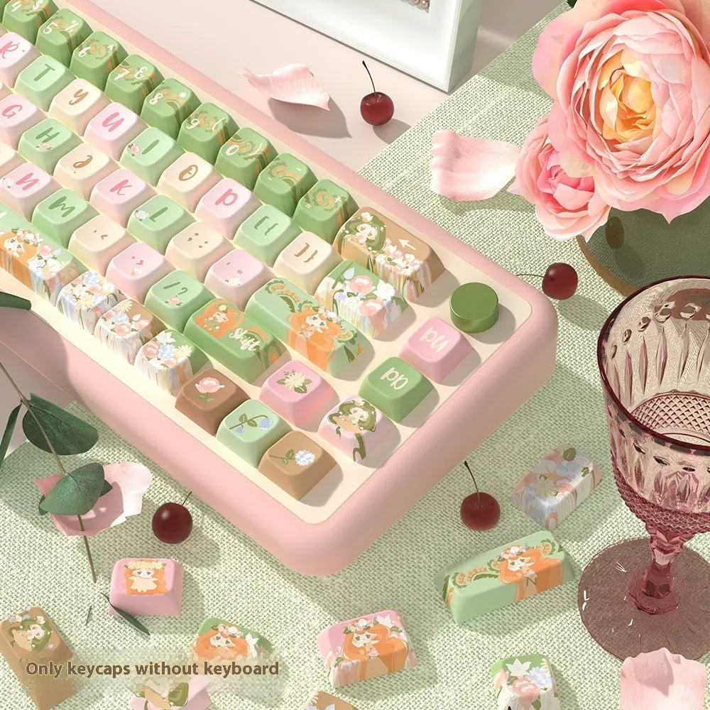 Custom sublimation printed mechanical keyboard keycap set showing graphic design, available in 138-key or 158-key configurations.