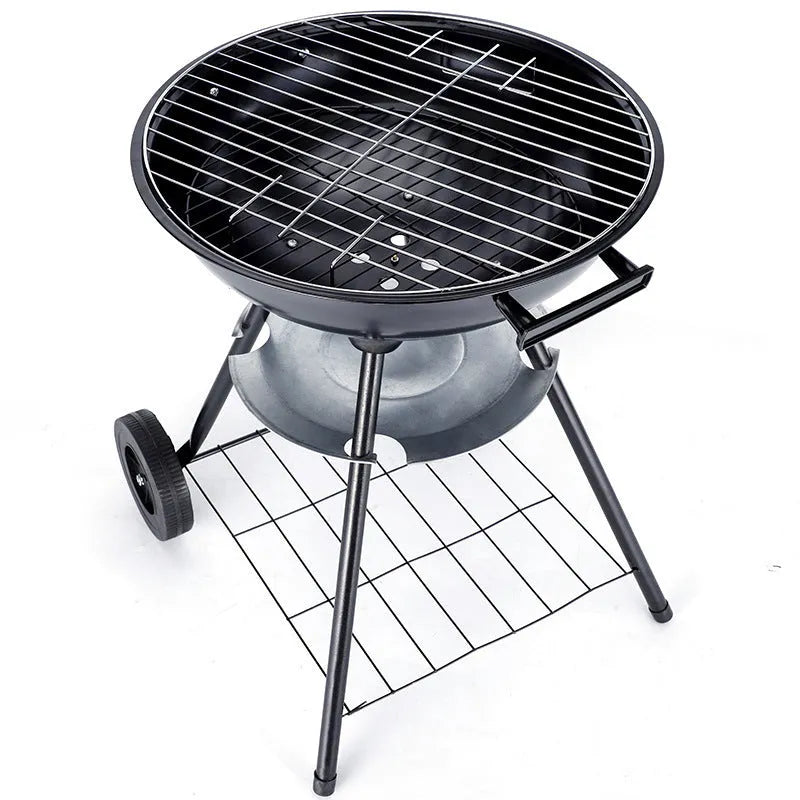 14-inch portable iron barbecue grill with modern minimalist design on a circular cooking surface