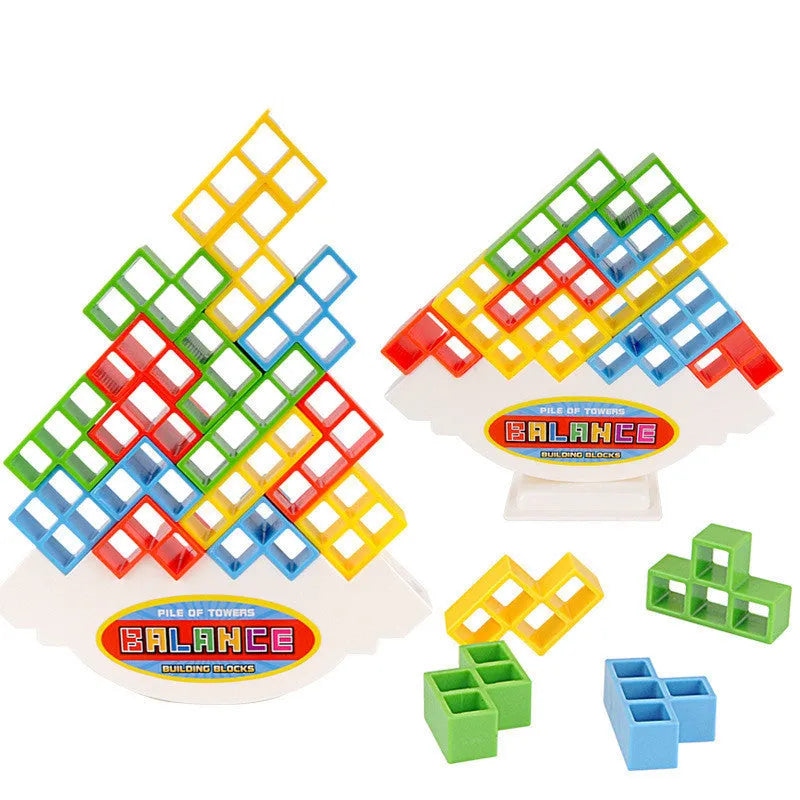 Plastic balance stacking board game with 16 colourful blocks, chassis, and base in a 26.5cm square box.