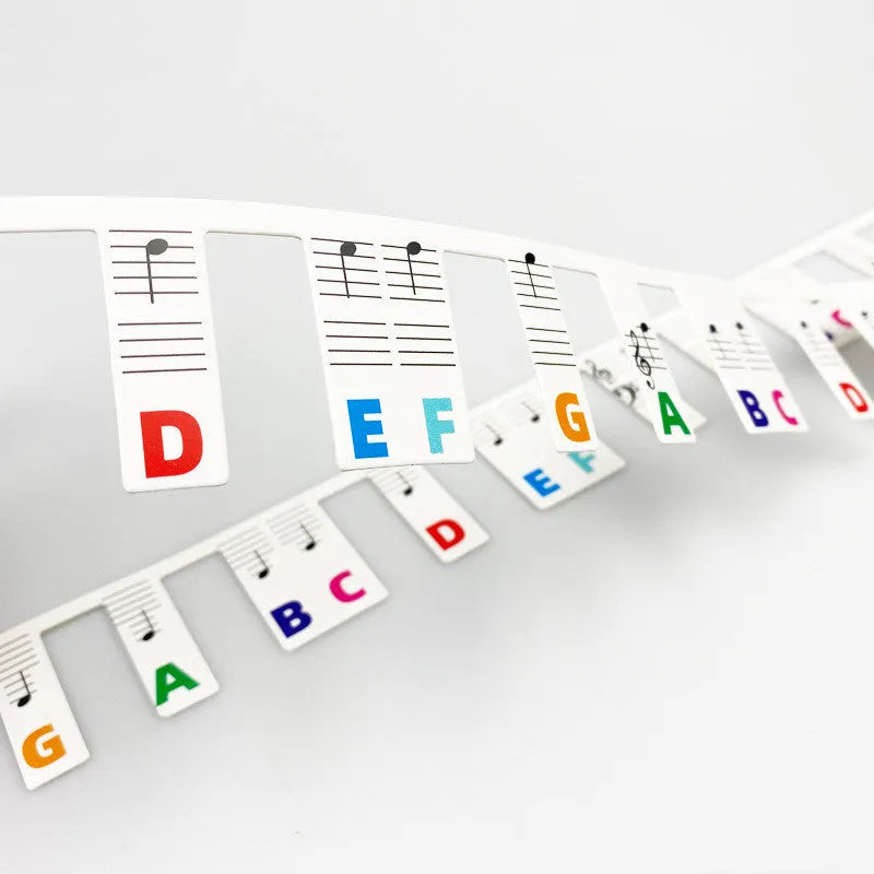 Piano note bar stickers for 88-key keyboards with colour-coded staff notation and black note indicators