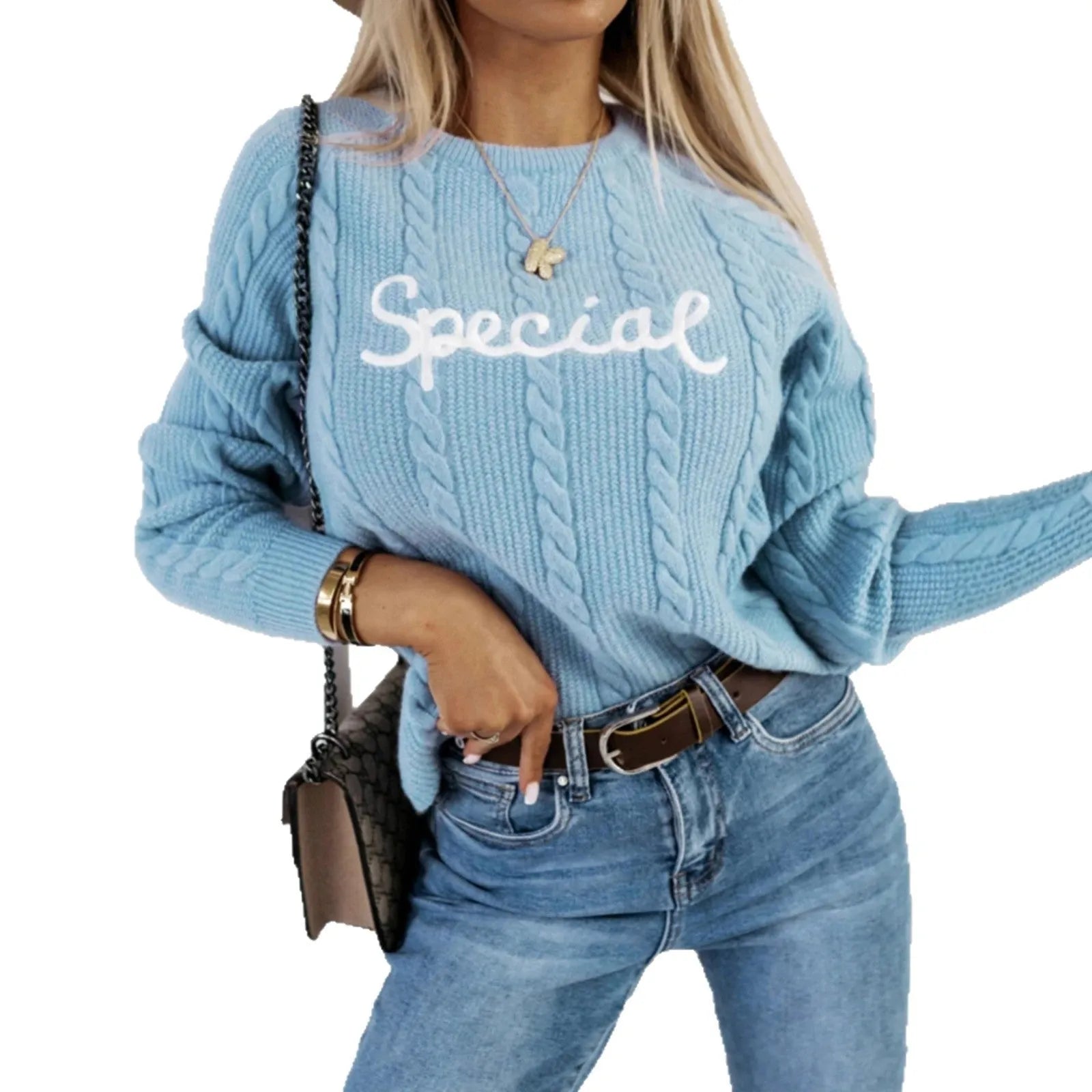 Blue crew neck knitwear pullover with embroidered letters and numbers text pattern
