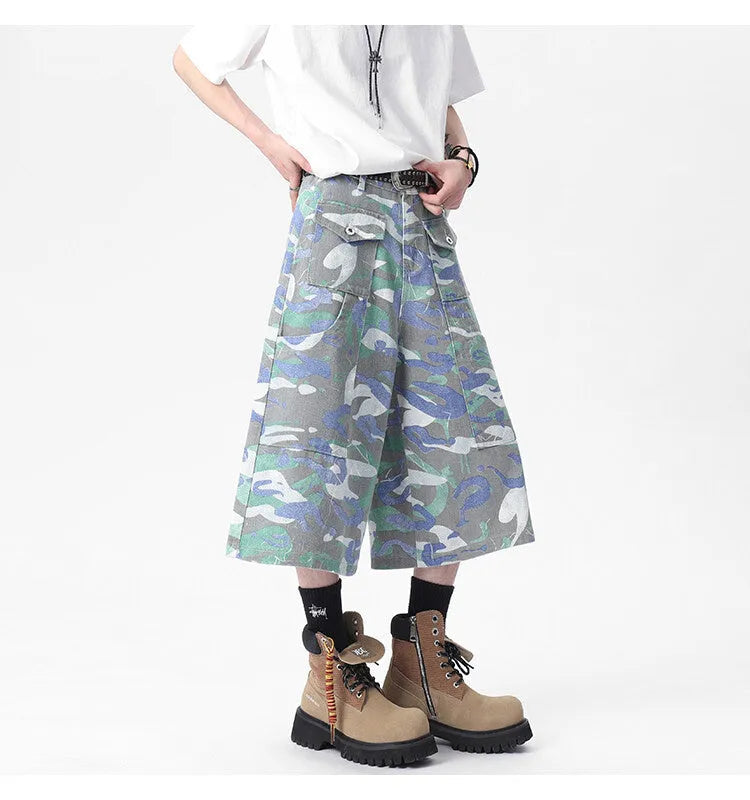 Camouflage print denim cargo trousers with multiple pockets and cropped straight-leg cut