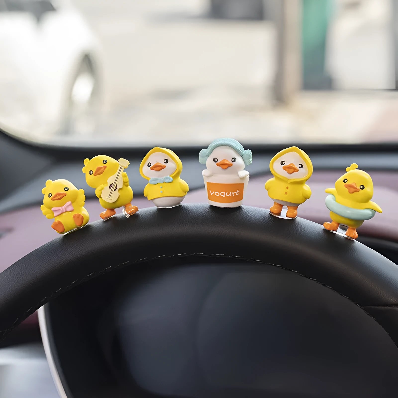 PVC duckling car decoration set with six cartoon ducks and welcome sign for vehicle interior