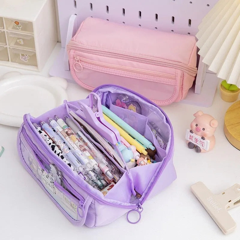 Korean-style canvas pencil case with a ten-layer flip design shown in various colours.
