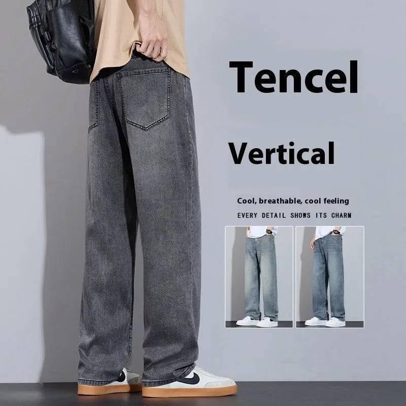 Man wearing straight-leg light blue denim casual trousers for leisure