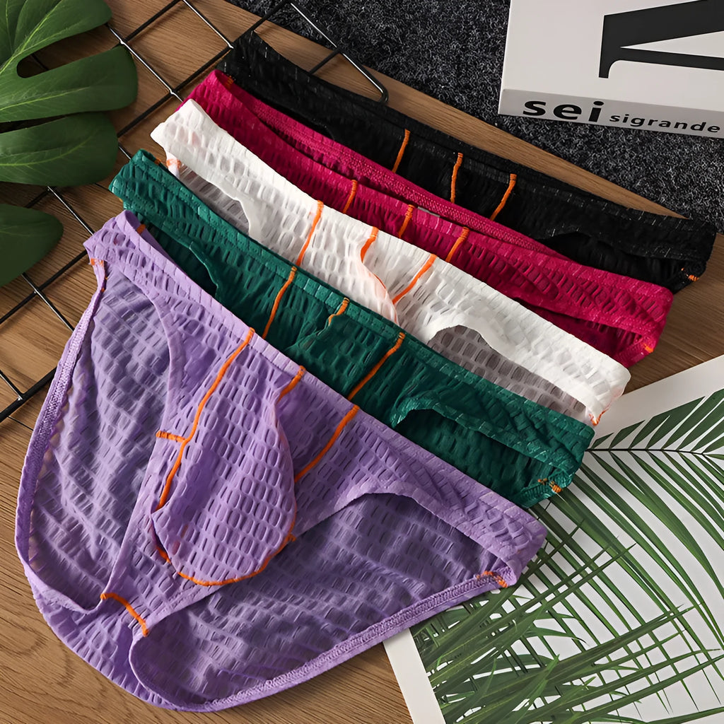 Men's ice silk lace briefs in low waist design showing solid colour options