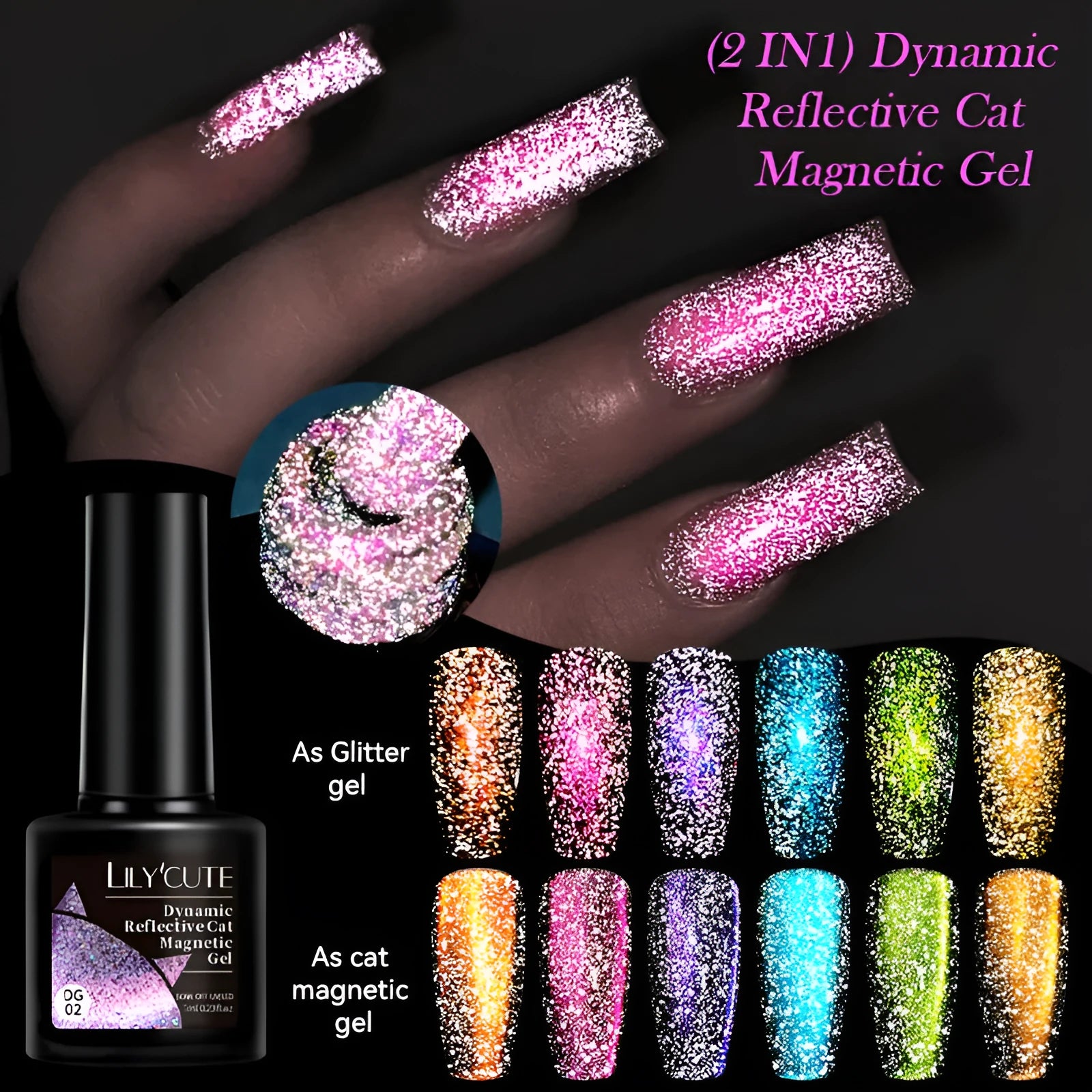 Diamond in the Debris Cat Eye Series nail polish gel bottles in six colours with included nail glue.