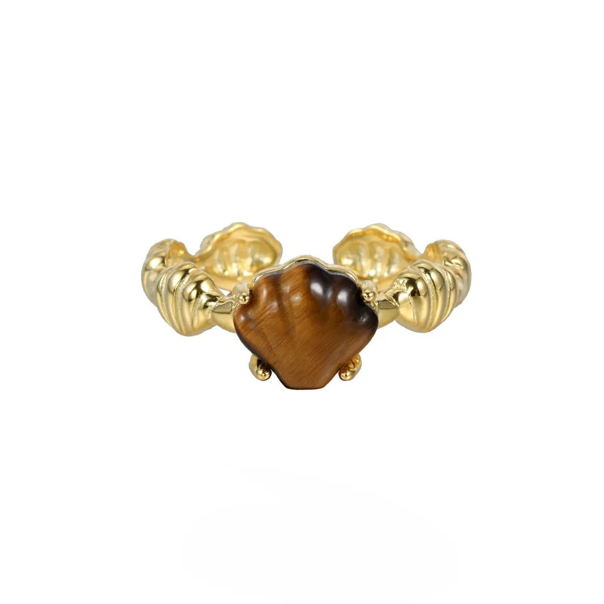 Women's adjustable sterling silver ring with shell decoration and tiger eye stone in original cold-style design