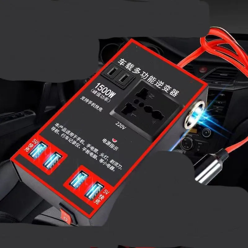 Black automotive power converter converting 12V/24V vehicle battery to 220V mains electricity with sockets and USB ports