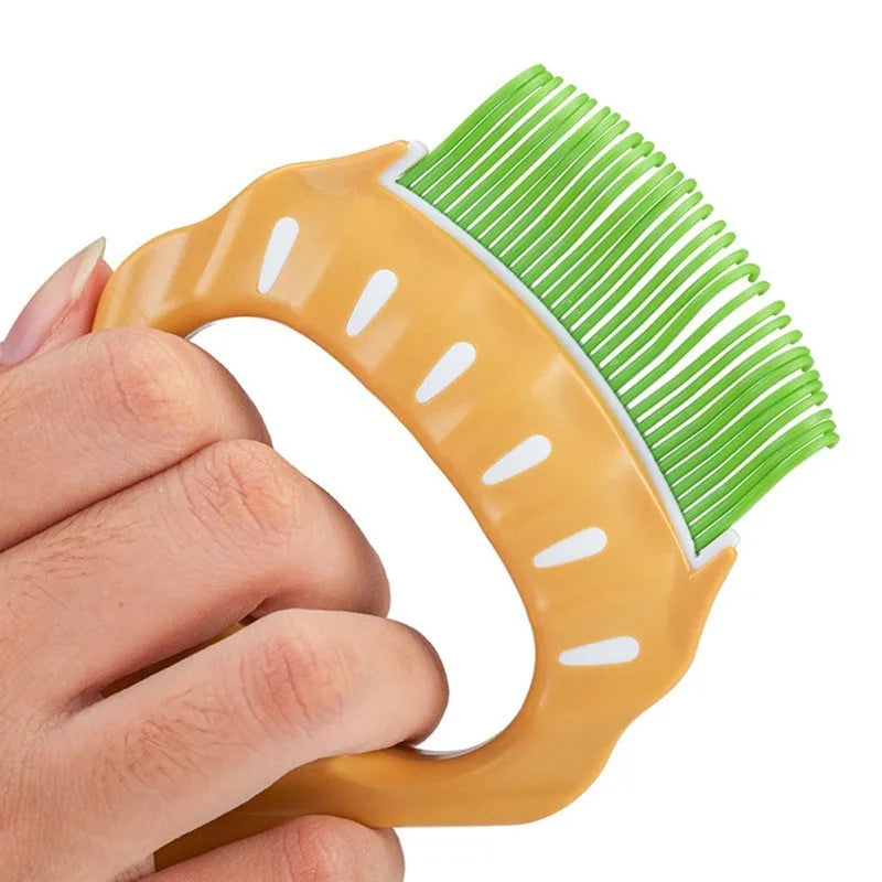 Shell-shaped plastic pet grooming brush with bent wire bristles, anti-slip handle in green colour