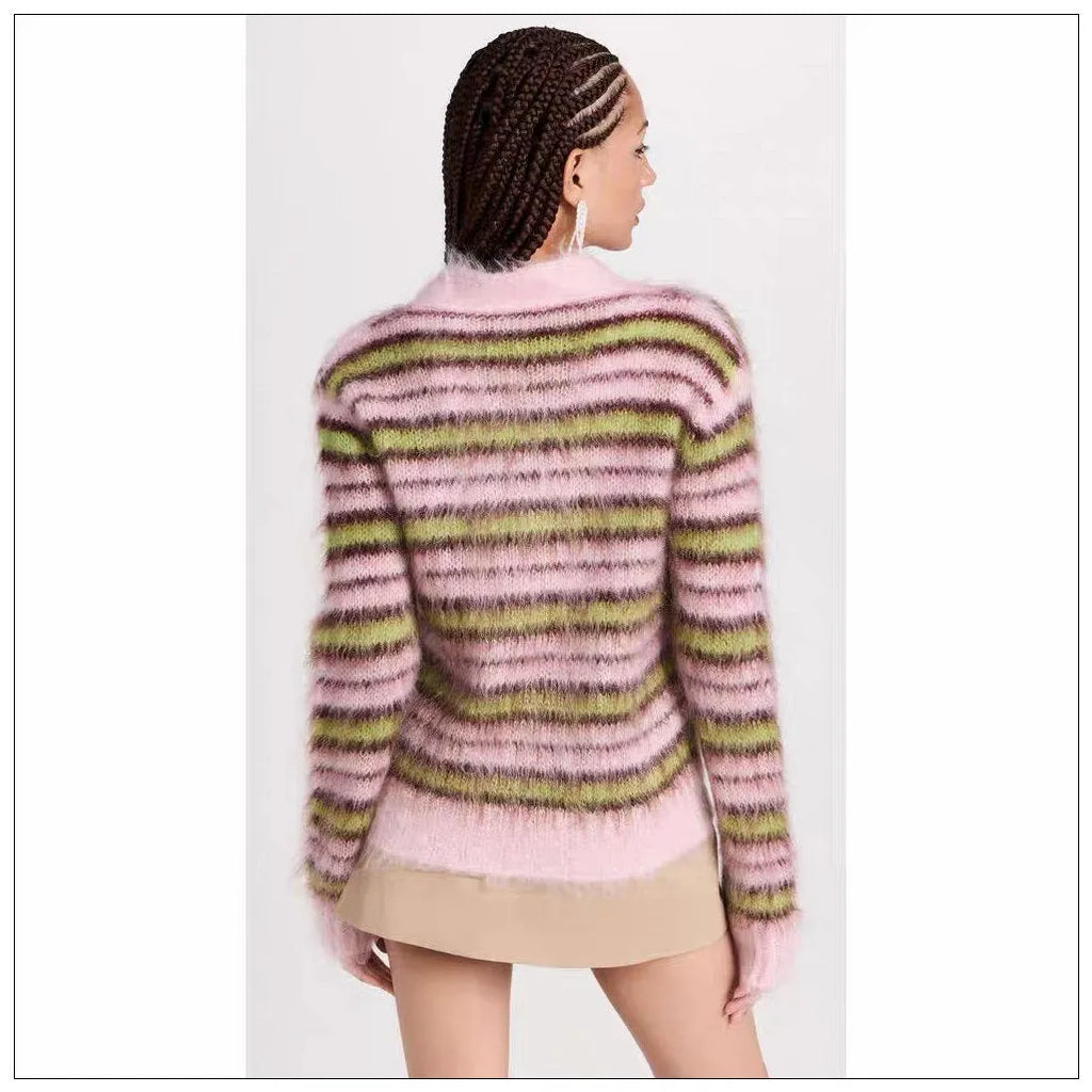 Pink wool knitted cardigan sweater showing both cardigan and round-neck pullover style options