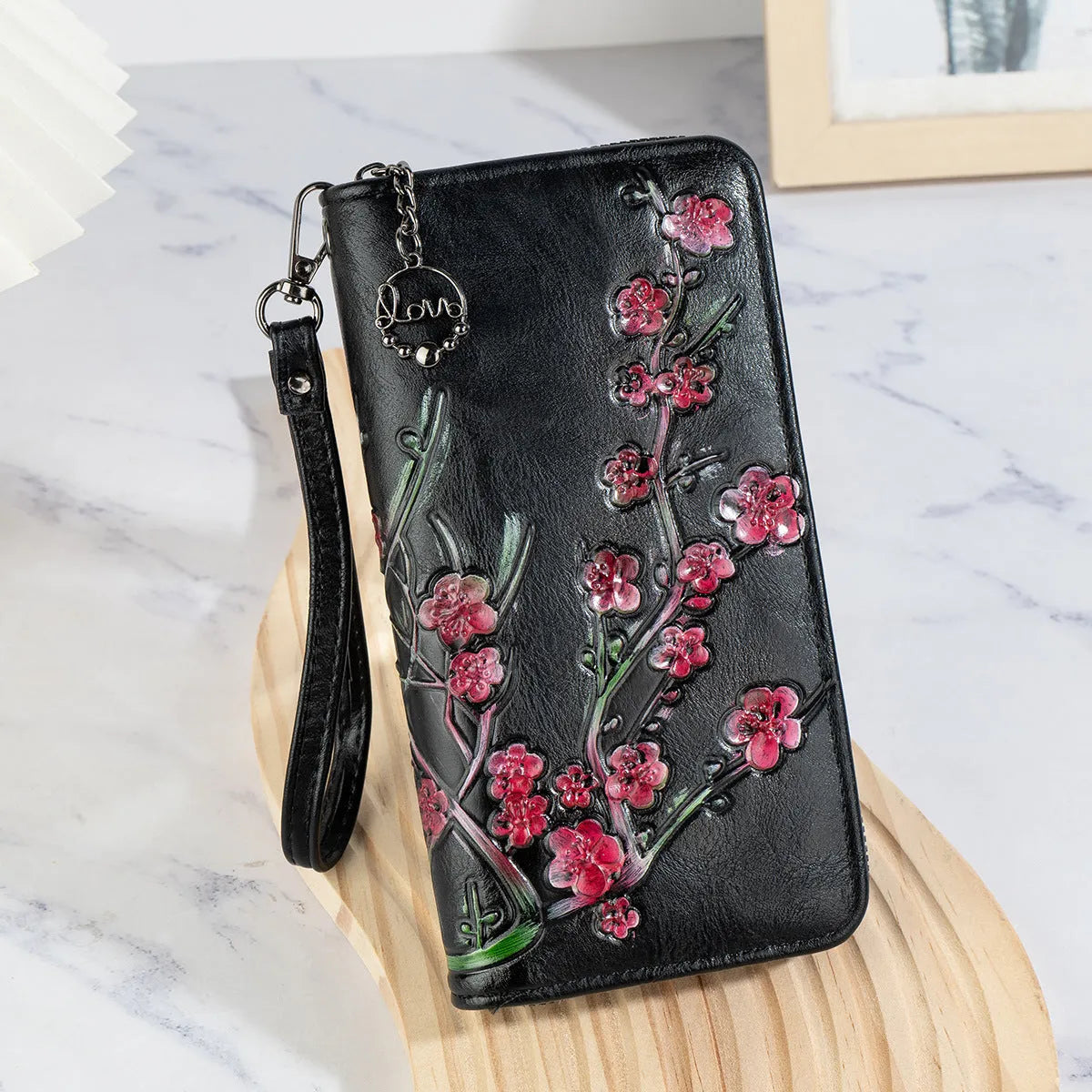Embossed floral handbag with hand-painted Chinese details and zipper closure in black, brown, or coffee
