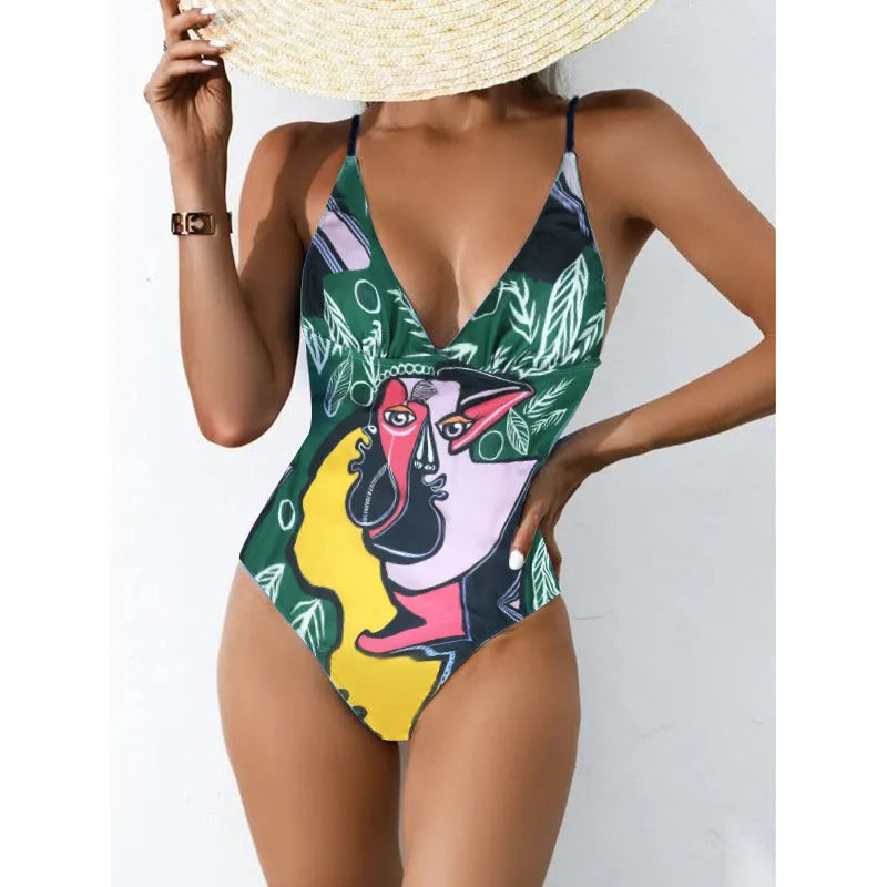 Plus size women's solid colour printed bikini swimsuit with backless design
