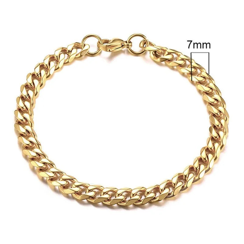 Six-sided Cuban link chain metal bracelet shown in gold, black and steel colour finishes with different width options.