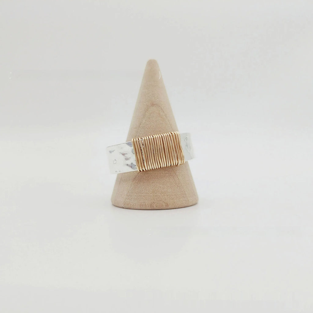 Copper simple bracelet with a geometric vintage ring design in a silver gold electroplated finish.