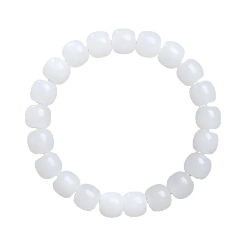 White Hetian jade barrel beads bracelet showing three size options for men and women