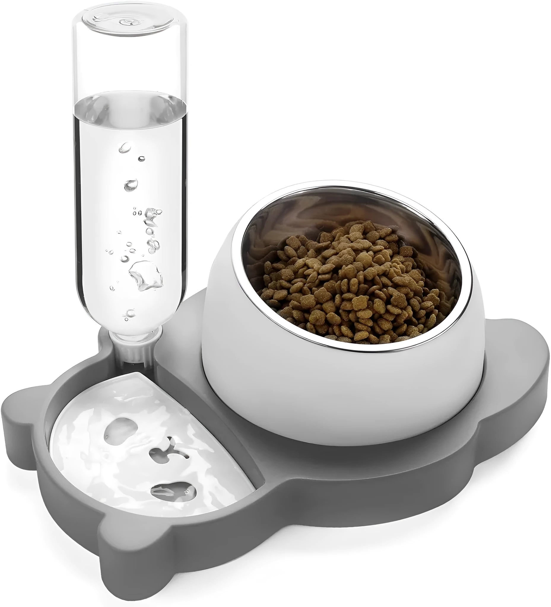 Grey panda-shaped pet feeder with tilted stainless steel bowls and automatic water bottle