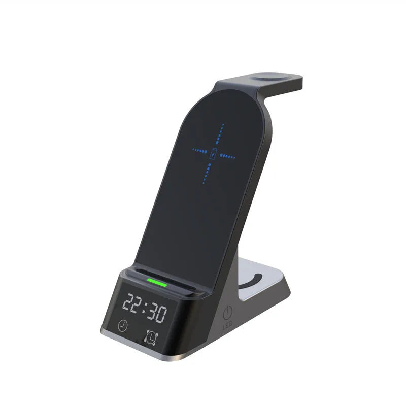 Black six-function wireless charging alarm clock with phone, watch and earphone charging outputs