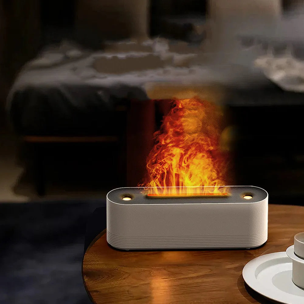 Black ultrasonic humidifier with colourful LED flame lighting and water mist output