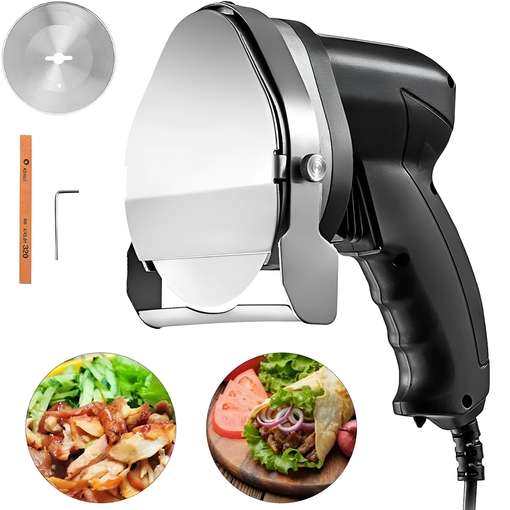 Black KS-100E electric meat cleaver with adjustable blade for turkey barbecue preparation.