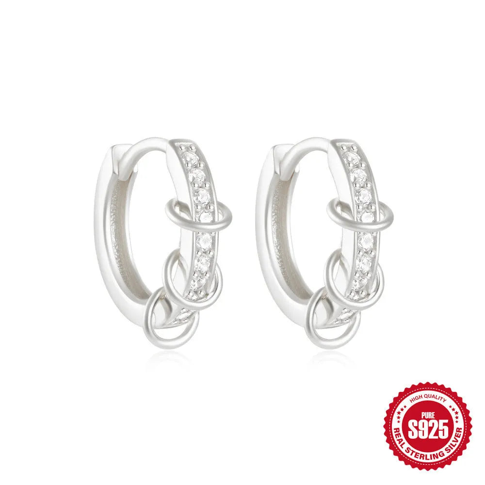 Sterling silver geometric stud earrings with small round designs in gold or silver electroplated finishes