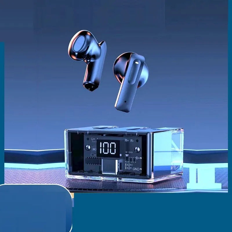 Transparent space capsule case true wireless Bluetooth earphones with digital display screen in multiple colours