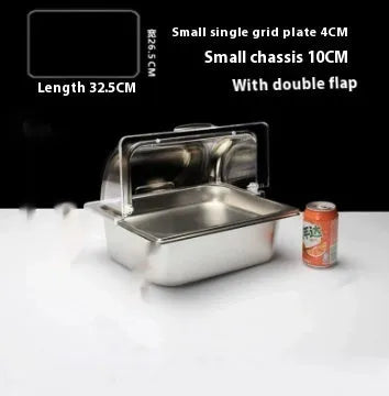 Stainless steel commercial dining plate display box with a removable lid and multiple inner compartments.