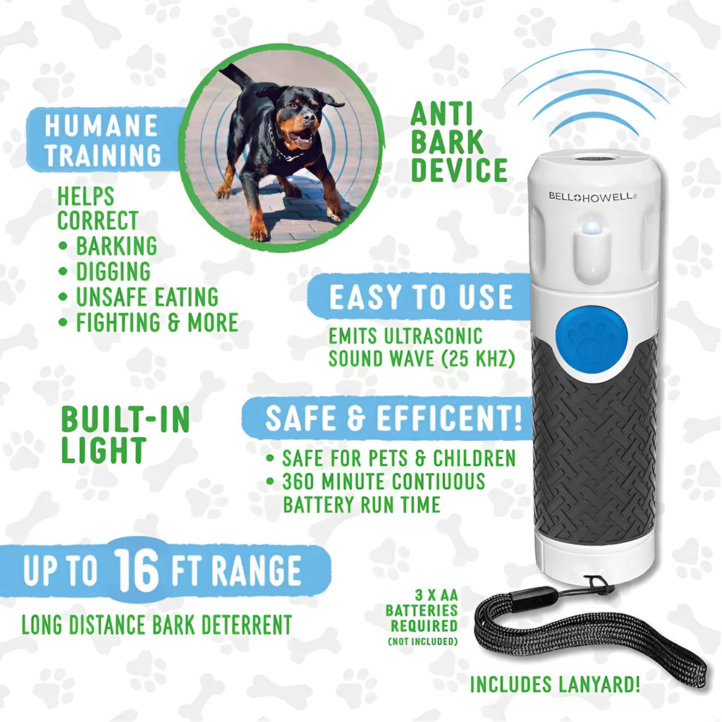 White handheld ultrasonic dog trainer and bark-stop device on a plain background.