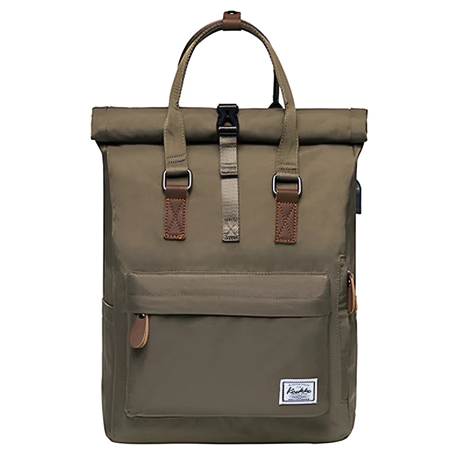 Polyester casual backpack with cover opening showing internal computer and zipper pockets
