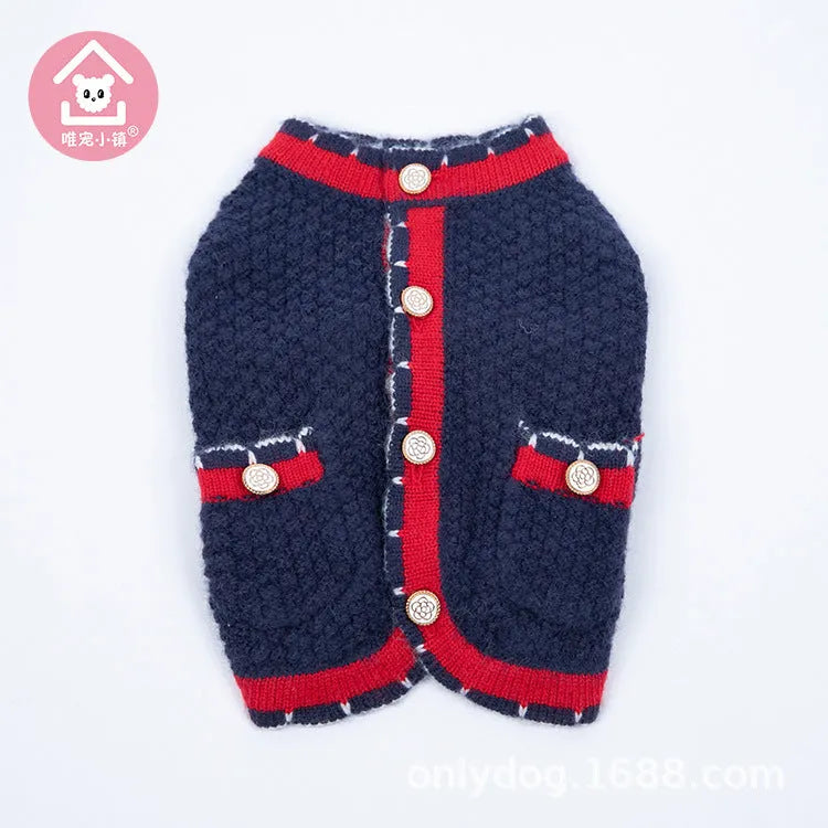 Classic style Bejirog wool sweater cardigan pet clothes in blue, princess style, front view