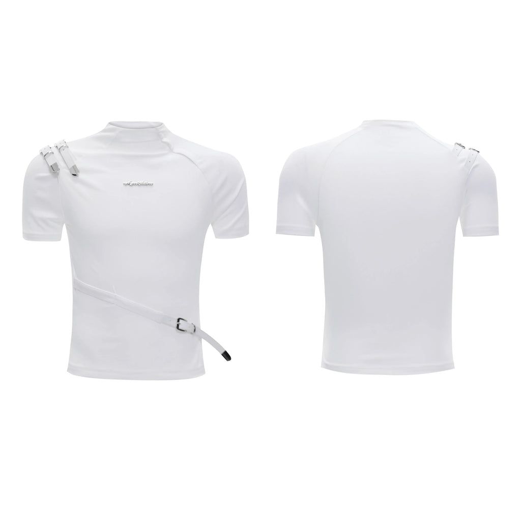 Men's black slim fit cotton shirt with metal belt design detail and stand-up collar