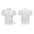 Men's black slim fit cotton shirt with metal belt design detail and stand-up collar