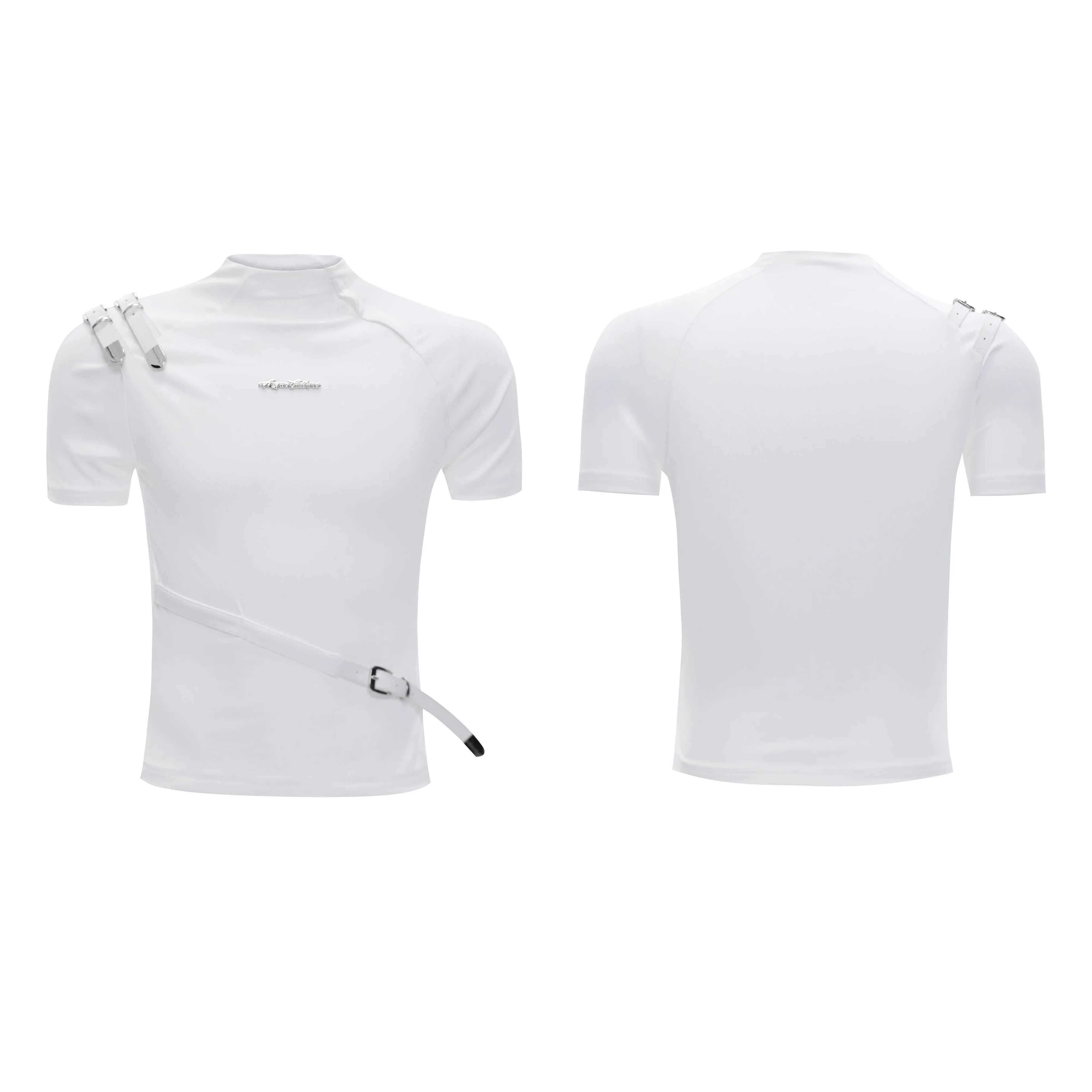 Men's black slim fit cotton shirt with metal belt design detail and stand-up collar