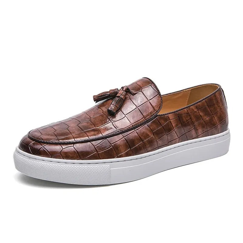 Men's black business casual sneakers with tassel detailing on artificial PU upper and rubber sole