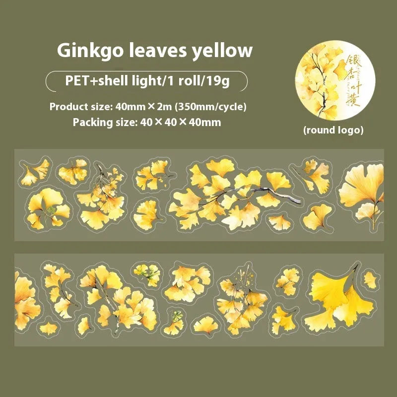 Six rolls of nature-themed decorative stickers showing gentle ginkgo, maple leaf, and blue fallen leaves designs.