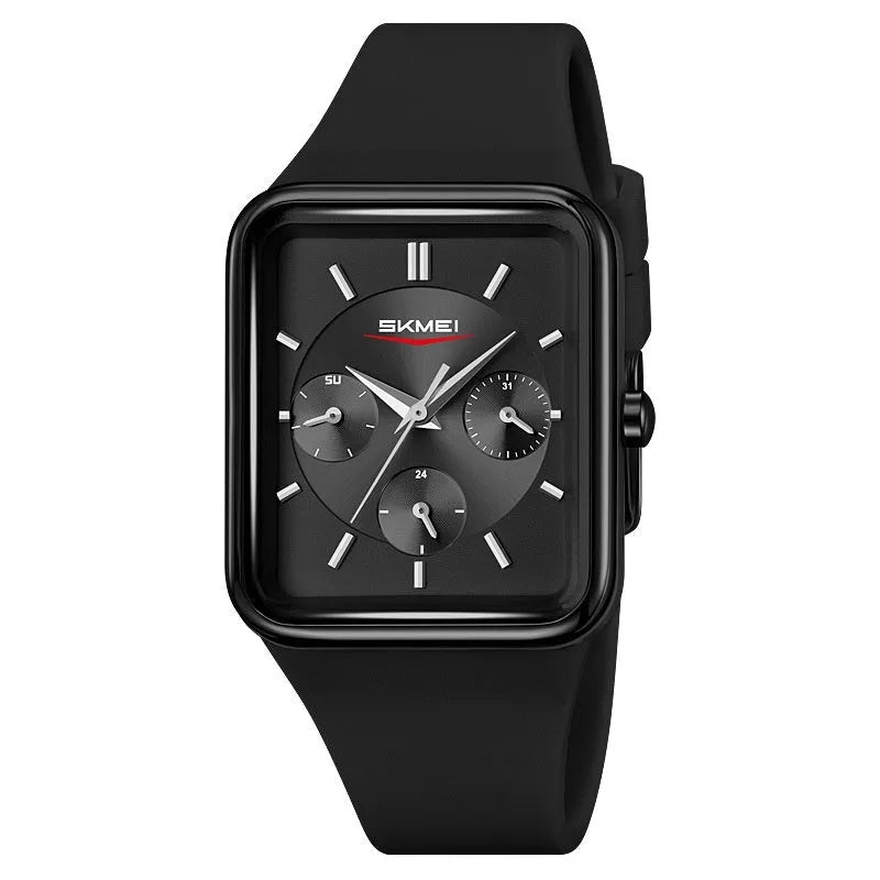 Slim square silicone waterproof watch for girls in white rose gold colour, showing 10.8mm thickness profile